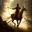 Placeholder: frank frazetta style, hunter with bow and arrow, forest in the distance