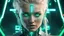 Placeholder: hyper realistic, 4k, bright bounce light on her face, adult blonde woman with piercing hazel eyes, intricate detail design green glowing matrix style code symbols on her skin and face, blue glowing strands in her hair, she is wearing a white Bladerunner futuristic outfit radiating a strong confident woman, boss in charge and it shows in her stance, black and transparent fabric with glowing neon sage loops, metallic art deco spaceship architecture in background