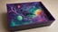 Placeholder: a box 10 cm long by 5 cm wide and 25 cm high, drawn on a box on all sides, space, tress, planets, crow galaxies a lot of colours purple, green and red, realistic