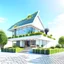 Placeholder: Stunning 3D rendering of a modern, eco-friendly solar house, it is designed with clean lines and features solar panels, elegant windows and a green roof garden. The setting is a pristine white background, emphasizing the innovative and futuristic nature of the house. The overall atmosphere is minimalist and welcoming, showing a sustainable living solution for the future