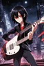 Placeholder: A 30 years old male guitarist playing guitar at a midnight concert, red creepy alien bug eyes, black hair, athletic build, correct hands, in the style of manga "Rosario+Vampire"