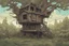 Placeholder: tree house , overgrown apocalyptic background, comic book,