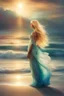 Placeholder: Creëer een mooie realistische Fantasie art, mooie vrouw, standing on the beach in a long dress, long blondes hair,, soft lighting, vibrant colors, ethereal, dreamlike, nature-inspired, romantic, whimsical, fantasy art, peaceful, enchanting, surreal, atmospheric, natural elements, sunlight filtering