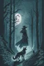 Placeholder: in the style of a Henry Justice Ford drawing, a beautiful witch walks through a dark forest, a dog is standing on the horizon waiting for her