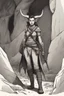 Placeholder: A DnD character. A female horned Tiefling ranger with pointy ears standing in a cave. The Tiefling has a little pterosaurs on her shoulder and a rapier in her hand.