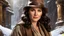 Placeholder: winter, (1Marion Ravenwood) from the movie Indiana Jones, (medium full shot), (sitting:1.1), diffuse lighting, fantasy, intricate, elegant, highly detailed, lifelike, photorealistic, digital painting, artstation, complex background