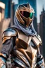 Placeholder: Arab power ranger Full Body,Full biomechanical Armored helmet,Wearing Face Mask Iron Masculine Mysterious Powerful Fantasy High Quality clothes,islamic city background