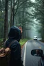 Placeholder: Fantasy forest road a man with hood waiting for a ride raising one hand to the driver to stop on the side of the road