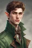 Placeholder: handsome elf man of twenty years old, with brown eyes, short brown hair, pointed ears, dressed in a steampunk style green trench coat.