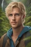 Placeholder: Beautiful blond man, blue eyes, 30 years old, fulfilling challenges inside the wild forest, facing danger, rain, snow, rocks, abysses, waterfalls, mountains, snakes, dinosaurs, bats