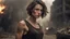 Placeholder: beautiful slender caucasian female technician with a knife, looking away from camera, black tank top, well toned muscles, weathered face, scratched sand camo metal details, short brunette wavy bob haircut, dystopian, postapocalyptic city scene with smoke and explosions. giant robot in the background