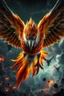 Placeholder: Create a ultra high definition and photorealistic image, 12k quality of a beautiful phoenix, majestic and strength showing, emphasis on texturized claws, upclose with a front view flying towards the camera, centre of an explosive and chaotic background scene of Armageddon where he is followed by demon like dark clouds in persuit trying to grab him, phoenix has striking eyes and determined look, majestic wings folded inwards in flight, bright auburn, black, white, grey and yellow colours, gothic