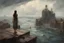 Placeholder: john william waterhouse style, flooded city, some small islands visible in the distance and there is a single human on each of them, seeing everything from a tall cliff