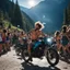 Placeholder: Subject & Action: A photorealistic snapshot capturing the electric chaos of a full-moon free party deep within the French Pyrenees mountains. In the center, a shirtless, tattooed, ecstatic beatnik-raver with sweat-soaked hair and a glazed, wide-eyed look (from shrooms) is air-riding, mimicking a motorcycle while jumping, with one leg kicking. He wears a faded tweed vest over an old tuxedo jacket, dirty striped pants, and heavy boots. He is surrounded by a crowd of dancers in similar retro counte