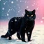 Placeholder: majestic black cat standing in snow in a blizzard, the snow reveals the cat, cat is standing and facing the camera. photorealistic, wide shot, vibrant colors, long exposure lighting, extremely detailed. background has a pinkish light shining from the upper right.