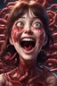 Placeholder: Woman with rare eyes,smiling meanwhile many worms streaming from his mouth, face distorted with pain, screaming, tears streaming, siting pose, fullbody, Junji Ito style, darkred tones,high detailed, 4k resolution, digital paiting, cute, art, no background 3d pixar disney the cinematic FKAA, TXAA, and RTX graphics technology employed for stunning detail.