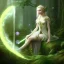 Placeholder: romantic fantasy spray painting, portrait of cute green eyed blonde robed elf poet with halo sitting in huge marble , bubbles, loosing torch in magical forest, foliage frame, magic wand