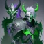 Placeholder: Demonio con armadura verde y negro y casco de calavera posando con un demonio hombre joven de armadura morada y verde con cabellos blancos