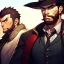 Placeholder: Portrait, Bearded, gunslinger, with short brown hair, serious blue eyes, wild west Coat