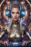 Placeholder: photography front view of super model Russian beautiful woman as dj player,headphones ,dressing mech in transformative style, his metallic skin gleaming with intricate textures and intricate details, captured in an ultra-realistic style that blurs the lines between reality and imagination,cosmic spaceship background