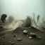 Placeholder: A striking quality Kodak photograph captures a wasteland with monsters and group of plants, creepy, details of the dust very accentuated, glossy organic mass, adorned with minerals and rocks. Bathed in intense light, eerie, Max Ernst style, black sun, fog