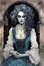 Placeholder: create an imaginative drawing of the pale translucent ghost of an aged Parisian gypsy female fortuneteller, clothed in tattered and ragged, ornate Napoleonic period dress, with finely detailed hair and feminine facial features, in the otherworldly shadows of the Paris catacombs, tarot cards and books scattered about, in the comic book art style of Bill Sienkiewicz, Mike Mignola, and Jean Giraud Moebius, finely textured, drawn, colored, and inked