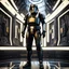 Placeholder: star wars bald male corellian pilot wearing pearlescent black and gunmetal grey First Order special forces heavy assault armor and helmet with gold trim inside the jedi temple, centered portrait, hyperdetailed, dynamic lighting, hyperdetailed background, 8k resolution, volumetric lighting, light skin, fully symmetric details