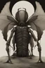 Placeholder: a haunting image of a humanlike insect facing away from us, in despair and pai, with wings that are broken torn and crumbling