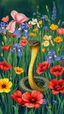 Placeholder: A cobra snake in the middle of blooming garden of poppies and iris Painting in painted style by Patrick heron , source pinterest , singulart or devian art