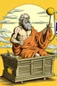 Placeholder: Man masked as Socrates hanging in a basket and toying with the sun