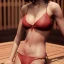 Placeholder: a girl with a boyish face a beautiful cleavage in a lace neckline with a man's short haircut a thin waist and wide hips in bikini in sauna