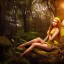 Placeholder: a beautiful elf woman relaxing in a fantasy forest at sunset