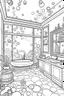 Placeholder: coloring pages for kids, Angela's Beauty Salon, room with windows, with door, written around 3D colorful flowers inside bubbles, hearts, stars, fluffy, photo, typography, fashion, cinematic, 3d rendering, in pink tones.. cartoon style, thick lines, low detail, black and white, no shading, --ar 85:110