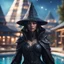 Placeholder: pen outline, layered, portrait of dark space witch hunter with strong gaze, by the pool, pool contains floating pyramid star ship of extreme complexity and beauty,bokeh like f/0.8, tilt-shift lens 8k, high detail, smooth render, down-light, unreal engine