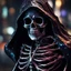 Placeholder: happy dark hooded crystal skeleton made of marble, bright colors, dark crystalized city in bakcground, glowing sparkle particles, dark tone, sharp focus, contrast, 8k, incredible depth, dramatic lighting, beautifully intricate details, clean environment, epic dynamic scene, depth of field, ultra detailed