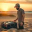 Placeholder: short beard man with cap, DJ play records ,full body, speakers, at beach, dunes background, sunset