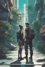 Placeholder: Science fiction, cyberpunk, city street, couple girl and guy, together, love at first sight, forbidden love, facing camera , tropical, lush