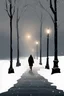 Placeholder: The image shows a dynamic moment of winter twilight. In the center of the composition is the dark silhouette of a lonely passerby, wrapped in warm clothes and walking through the snow falling in a white field. Soft light from the lanterns spreads around the hero’s figure, creating a cozy atmosphere of a winter evening. Falling snow emphasizes the depth and serenity of the moment, giving it a touch of magic. Intricate details. Hyperrealism. Minimalism