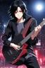 Placeholder: A 30 years old male guitarist playing guitar at a midnight concert, red creepy alien eyes, black hair, athletic build, correct hands, in the style of manga "Rosario+Vampire"