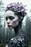 Placeholder: beautiful cyborg behind her on a black forest background, floral beauty, super detailed face, on a forest and rain background, professional photo, 4k, high resolution, high detail, close-up, octane, body art, patterns, lavender color, white background, silver wire, artistic elven fantasy, filigree, dark botany, ultra detail, HDR