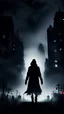 Placeholder: scary black silhouette in black haze in the air against the backdrop of night buildings in the style of a horror film, eerie atmosphere