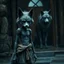 Placeholder: a short, thin sad young anthropomorphic wolf female in gray hairbody and wears a little with cloth around the waist stands in front of the camera in rain, a larger anthropomorphic wolf stands behind the door in a wooden house, dark colors, sharp focus, rainy day, high contrast, high detail, atmospheric, dark fantasy, sci-fi