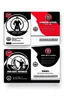 Placeholder: business card layout for a gym instructor, red and black, vector art with gym mechines, white background with email, address, phone number and Instagram icons