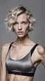 Placeholder: photography of a beautiful anorexic woman, grey satin sports bra, sports illustrated, blond short wavy bob haircut, pronounced sternum, grey running leggins