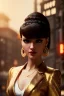 Placeholder: Young business woman, dark orange eyes, dark brown hair, elegant hair, thin lips, gold hoop earrings, waist up portrait, 8k resolution, intricate details, ornate details, soft lighting, vibrant colors, retroanime, masterpiece, realistic, intricate eyeliner, dark eyeshadow, eyes,futuristic cityscape background