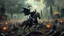 Placeholder: A chaotic cyberpunk interpretation of Bruegel's "The Triumph of Death", capturing the harvest of humanity. A vast, dystopian metropolis under a toxic smog sky, where cybernetic grim reapers are executing a digital and physical harvest. Many of humans and transhuman citizens killed are overwhelmed by an army of cyber skeletal warrior androids, fight with humans, panicking people, bodies lying on the ground. In the foreground a cyber-death warrior in black hood on mecha-horse