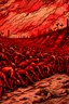 Placeholder: A lot of Prisoners line up in hell in front of a big wall , red clouds in the sky with huge amount of dead people laying on the ground