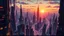 Placeholder: portrait of a futuristic , sprawling , vertical, cyberpunk city at sunset highly detailed and sharply defined in the style of Studio Ghibli in vivid natural color