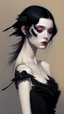 Placeholder: painting by koson ohara and marta bevacqua, portrait of a beautiful goth woman with black hair Caress a crow, wearing a black dress, 8k, high quality, highly detailed full body