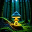 Placeholder: "Close up of a wonderful tiny Mushroom Tower home. Yellow and green with bright white, deep black and contrasting tones of gray. Illuminated bioluminescent forest. Professional painter, master at composition. small but detailed. broken, blurred background, voluminous lighting"